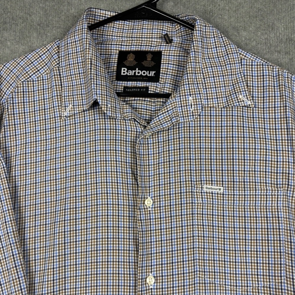 Barbour Tailored Fit Button Down Shirt Check Size M Blue Brown